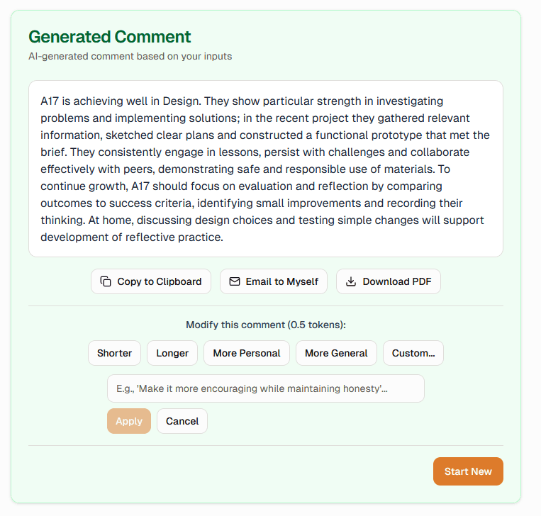 Example Queensland report comment generated by QLD School Reports
