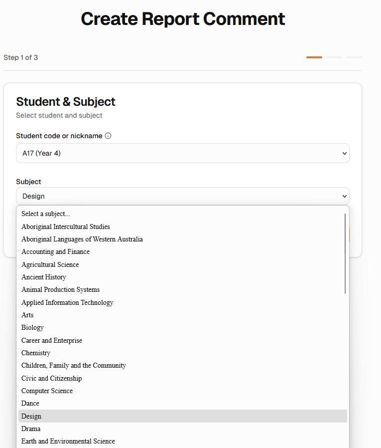 Pick student and subject screen of QLD School Reports